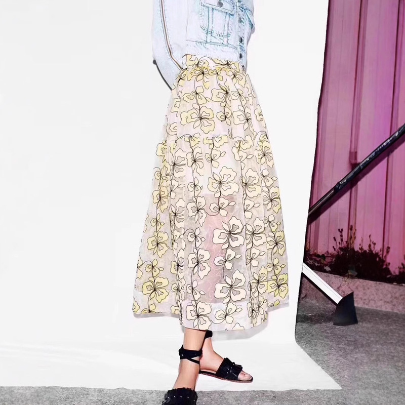 19 Spring and Summer Hollow Pattern Slim A- line Skirt Mesh Embroidered Long Skirt Women's Skirt Pure Yuan 93033 Clear