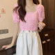 Korean 2024 Summer Design Sense French Square Collar Pullover Bubble Sleeve Short Solid Color Elegant Fashionable Knitted Top