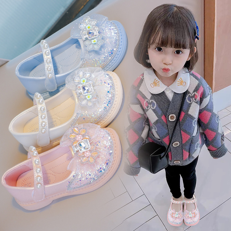 Zapatos de cuero para niñas princesa de niños zapatos de cristal primavera y otoño 2025 nuevos zapatos casuales de diamante suave zapatos de chicas