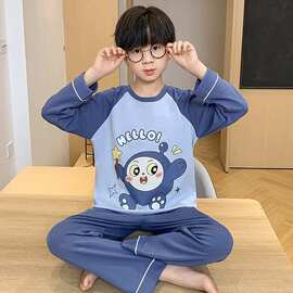秋季长袖长裤男儿童棉质圆领卡通加肥加大青少年中大童睡衣家居服