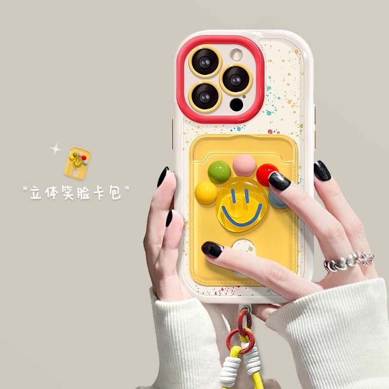 Ins Style Wave Dot Stereo Smiley Face for iPhone15promax Apple 14 Mobile Phone Case 13 Lanyard 12 Card Bag Ins Style Wave Dot Stereo Smiley Face for iPhone15promax Apple 14 Mobile Phone Case 13 Lanyard 12 Card Bag