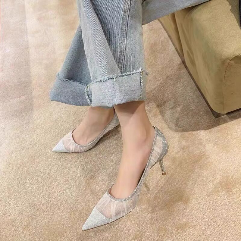 Hong Kong Mesh High Heels 2026 Summer New Style Internet Celebrity Fairy Style Pointed Toe Stiletto Wedding Shoes Bride Shoes Bridesmaid Shoes