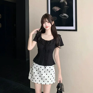 复古荷叶边衬衫系带后背打揽收腰修身上衣胖MM波点半身短裙