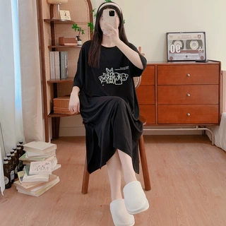 胖mm大码夏季懒人T恤裙长款过膝开叉圆领简约宽松连衣裙跨境专属