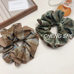 韩系拼色格子双层大肠发圈女高级感丸子头扎头发超大百搭发饰头绳