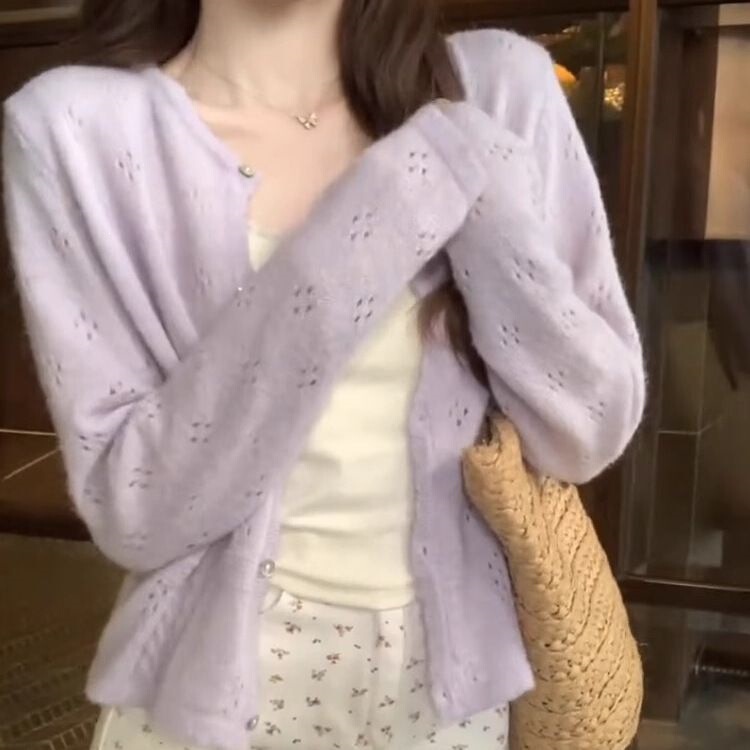 Hollow-Out Knit Sweater Purple Cardigan for Women, Spring and Summer Korean Style, Light Purple Top for Petite Women Hollow-Out Knit Sweater Purple Cardigan for Women, Spring and Summer Korean Style, Light Purple Top for Petite Women