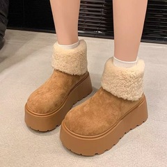 时尚毛毛厚底短筒雪地靴女2025冬新款加绒加厚小个子松糕底棉鞋靴
