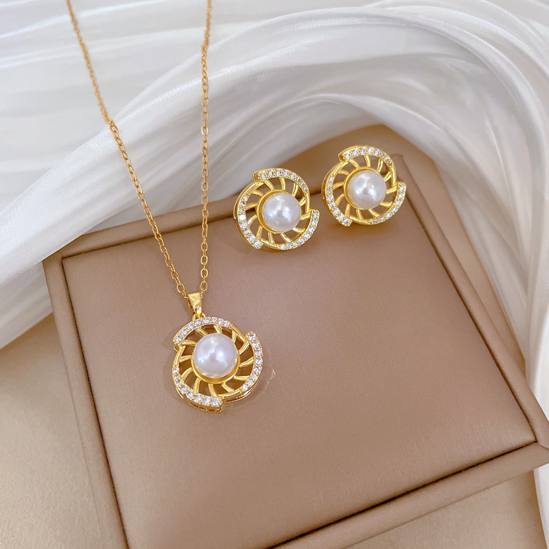 Necklace Earrings Set Light Luxury Rotating Pearl Full Diamond Personality Temperament Banquet Earrings Item Group_voghion.com