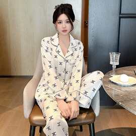 新款冰丝睡衣女春秋季凯旋门长袖简约大牌套装高级感轻奢家居 服