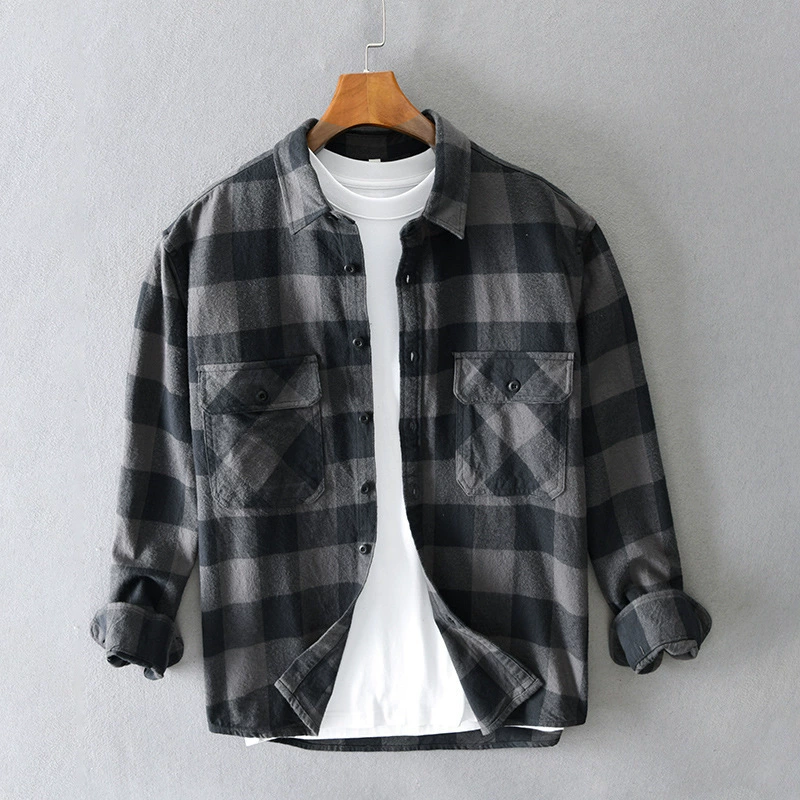 D260 Мужская повседневная клетка с свободными плечами японская рубашка