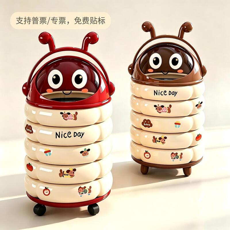 Trash can with wheels, double bin, large capacity, sliding lid, for home use in living room and bedroom, caterpillar cartoon paper basket trash bin
