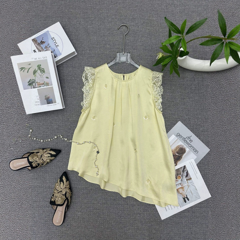 Fashionable Irregular Design Copper Ammonia Silk Beaded Sleeveless Top 2026 Summer New Chinese Style Casual Age-Reducing Round Neck Blouse