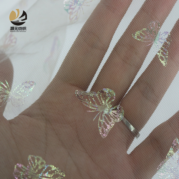 Nuevo color rosa mariposa fantasía estampado tela de malla de nylon tela de decoración para niños