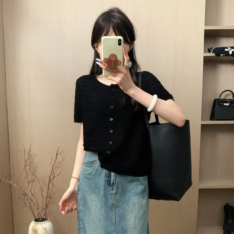 Mulberry Silk Wool Short-sleeved Knitted Cardigan Women's Round Neck T-shirt Loose Hollow Jacquard Micro-transparent Pure Sweet Trendy T-thin