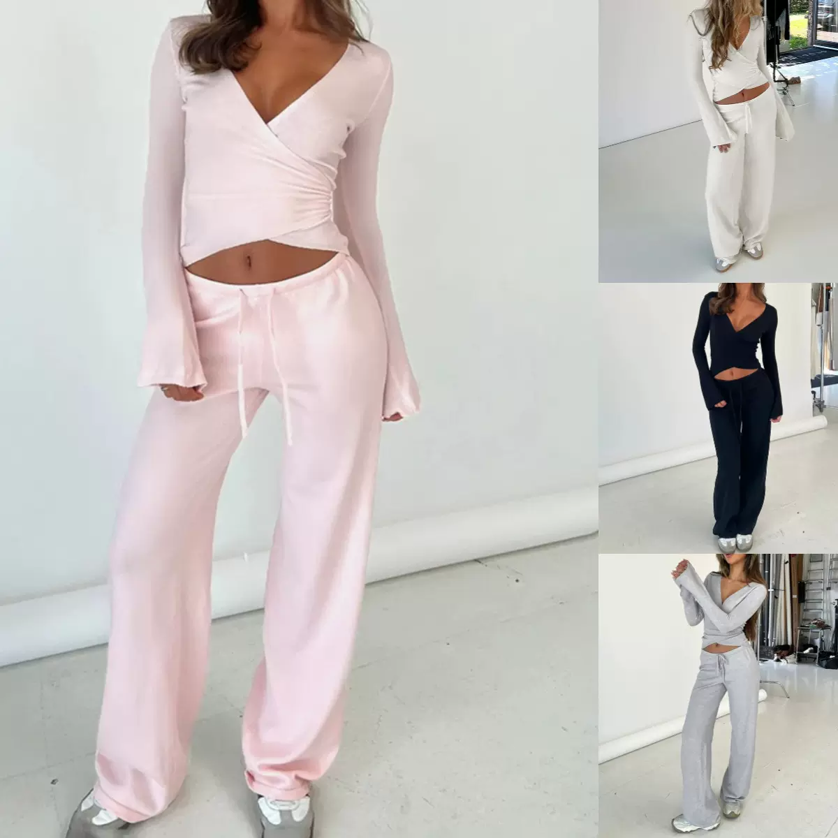 2025跨境秋季纯色加绒喇叭袖V领绑带长袖上衣抽绳直筒长裤套装