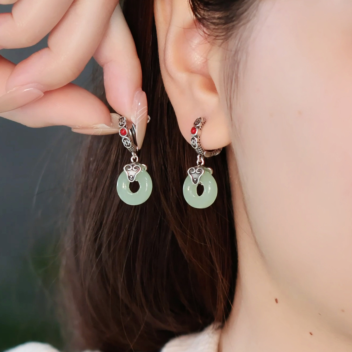 Retro Ruyi Ping an Buckle Earrings for Women Chinese Classical Imitation Hetian Jade Earrings Chinese Ethnic Style Ear Jewelry