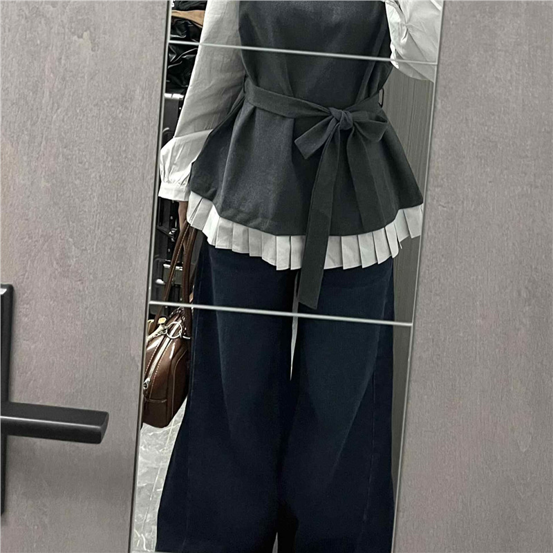 韩系假两件撞色长袖衬衫女秋冬新款大码胖MM宽松显瘦收腰chic上衣