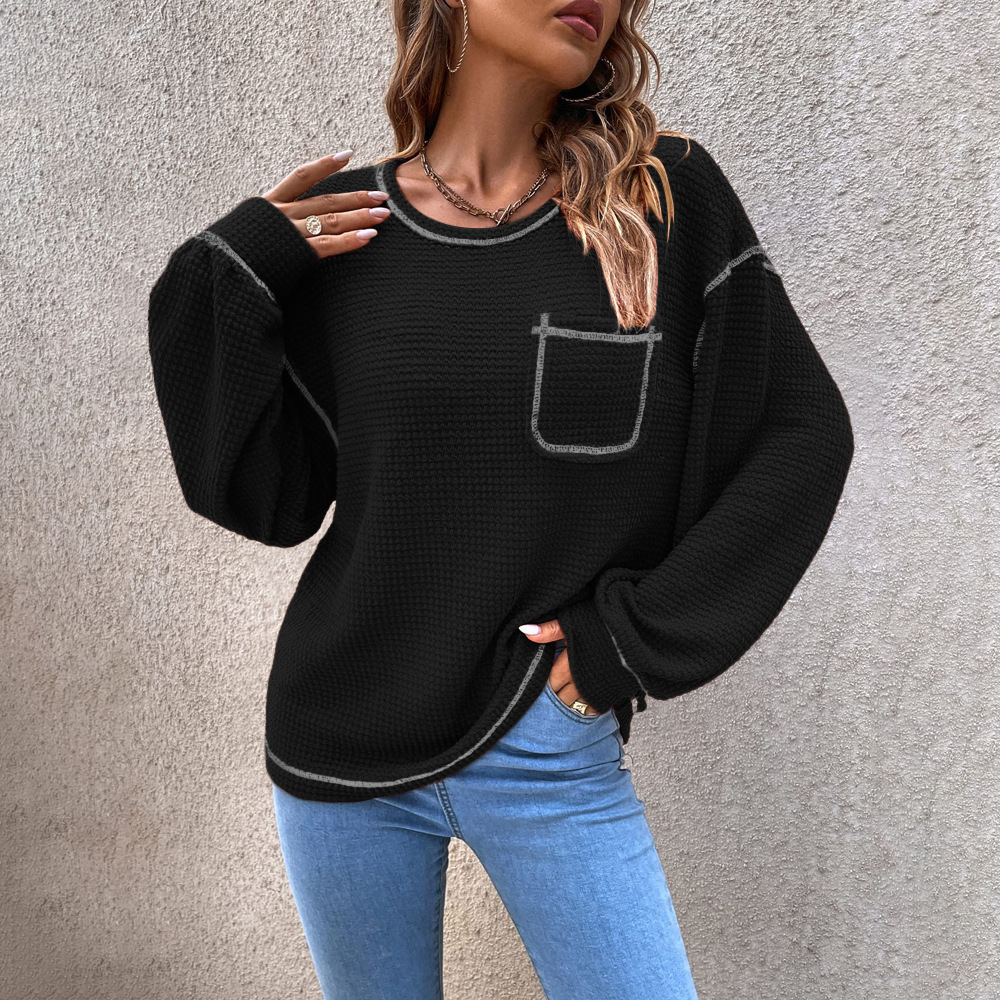 Fashion Solid Color Cotton Round Neck Long Sleeve Batwing Sleeve Pocket Knitwear display picture 1