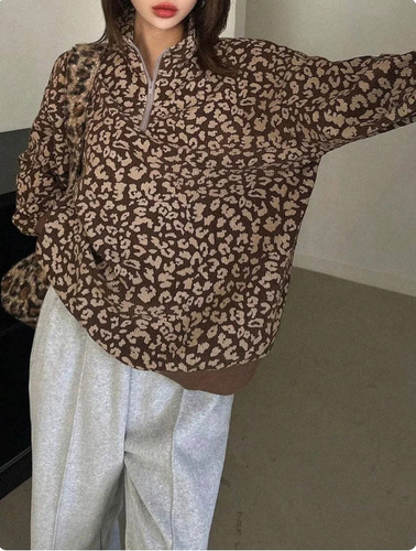 European and American new style retro leopard print stand-neck coat for women in early autumn design loose long sweater