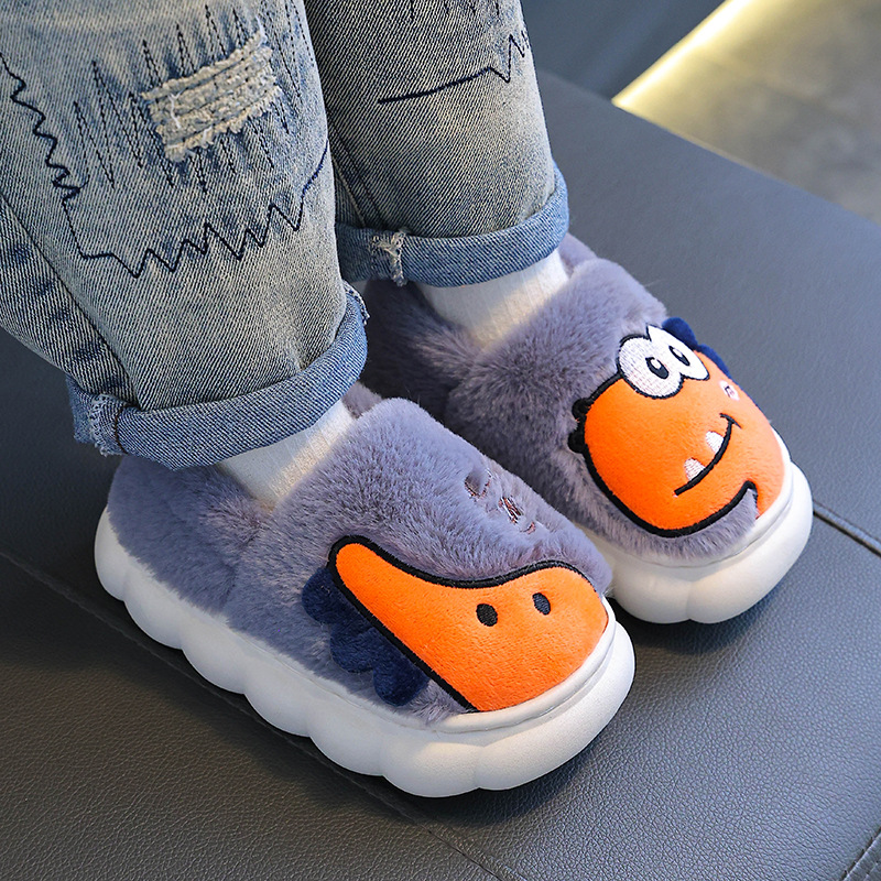 Zapatillas de algodón para niños de invierno caliente con pelusa antideslizante para mujeres dinosaurios niños padres niños niños pequeños bolsas de tacones de algodón para niños