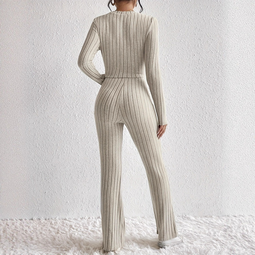 Popular European and American models casual solid color two-piece set with front knotted long-sleeved short top and slim pants set