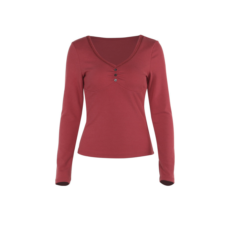 YL24262 Primavera y otoño encaje borde de manga larga chaqueta elástica corta cintura delgada camiseta de base
