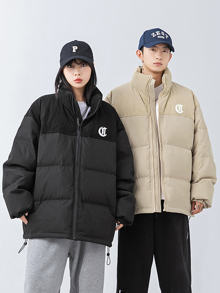 Chaqueta de algodón gruesa de invierno para parejas, nuevo estilo de invierno con bordado de letras, marca de moda, abrigo de algodón con parches de pana holgada.