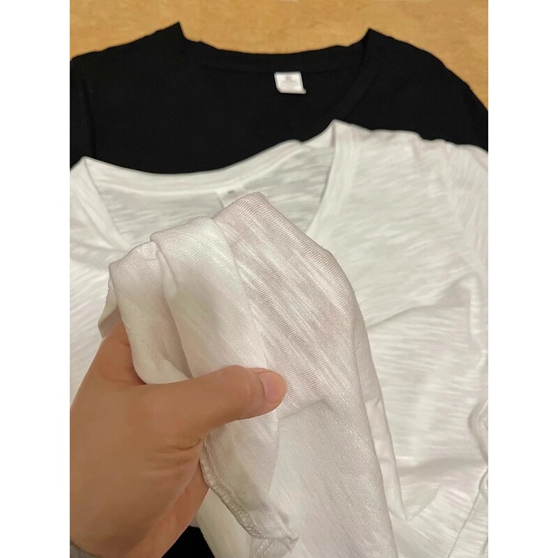 薄いVネック右肩半袖レディースホワイトベーシックボトムストップ夏カジュアルルーズバンブーコットンTシャツ|undefined