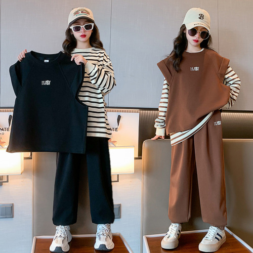 Girls' Autumn Set Sports Outfit Children's  New Stylish Trendy Girls' Large Children's Striped Vest Three-Piece Set