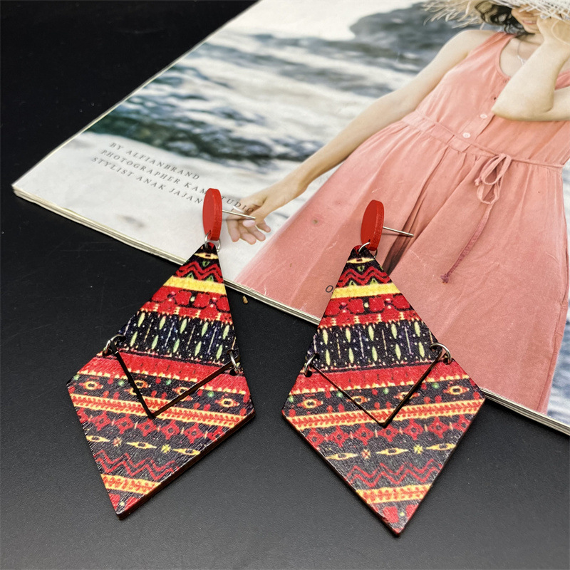 18g Weight Alloy Ear Needle Material 1 Pair Classic Style Leaf Rhombus Stoving Varnish Wood Drop Earrings