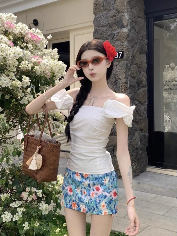 甜辣套装一字肩衬衫法式短款上衣女夏季复古碎花半身裙短裙两件套|undefined
