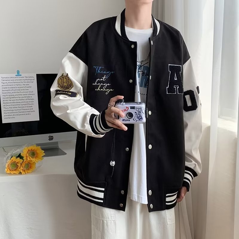 Women's Clothing Autumn leather sleeve stitching baseball jacket men's spring and autumn loose casual trend retro vintage jacket_voghion.com
