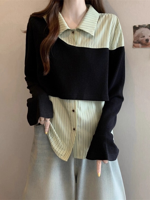 2025 New Early Autum Fake Two-Piece Stripesd Long-Sleeved Shirt Plus Size Women's Fat mm Belly-Covering Shirt Top