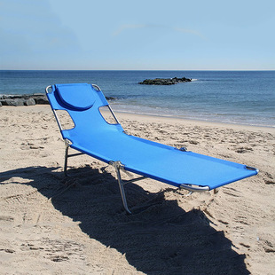 Outdoor Ratchet Beach Lounge Folding Bed with Tanning Face Removable Pillow Sun Lounge Beach Pool