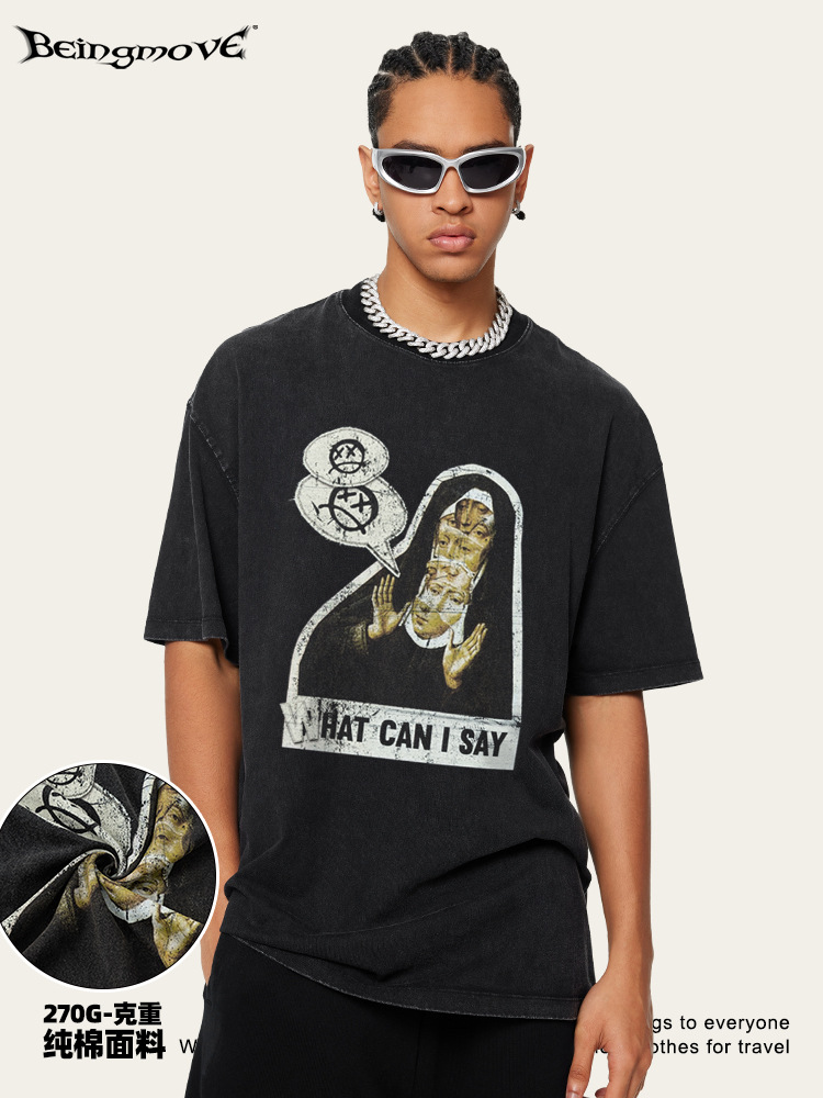 2025 verano americano vintage high street vintage camiseta de manga corta de hombre grande camiseta de vintage personalizada transfronteriza