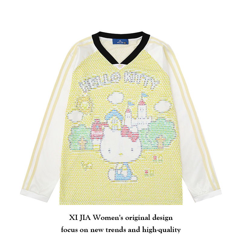 American Pixel Style Hello Kitty Printed Sports Long-Sleeved T-Shirt for Women and Men Autum New Breathable Mesh Loose Top American Pixel Style Hello Kitty Printed Sports Long-Sleeved T-Shirt for Women and Men Autum New Breathable Mesh Loose Top