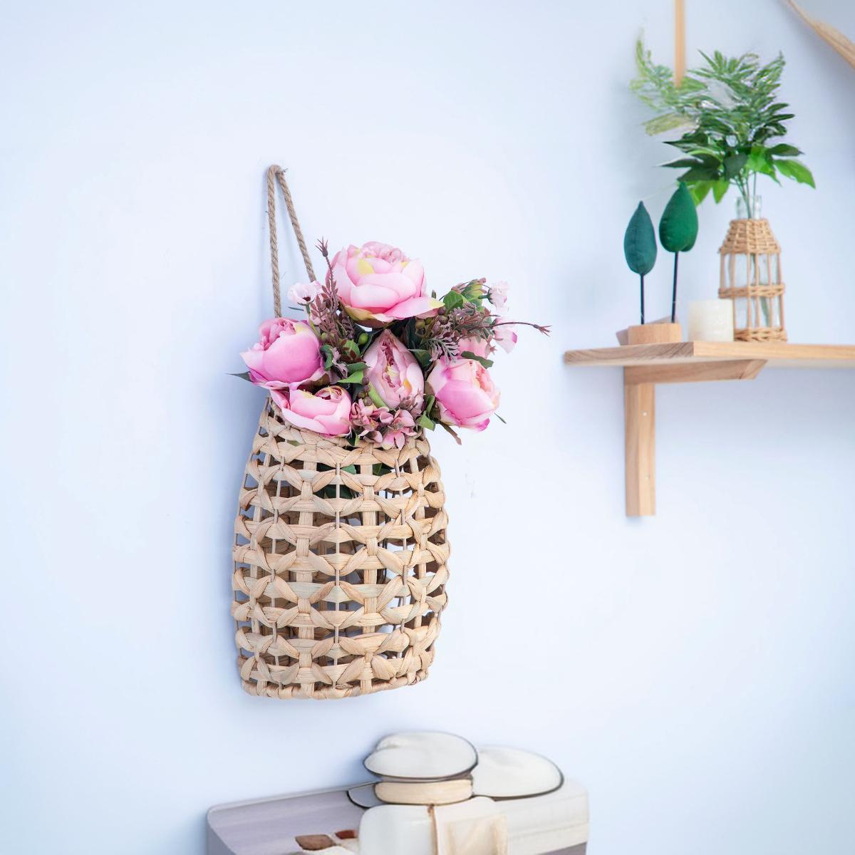 Cestas de pared de paja nórdica personalizadas tejidas a mano creativas de decoración de pared para el hogar cestas de flores colgadas de llaves cestas