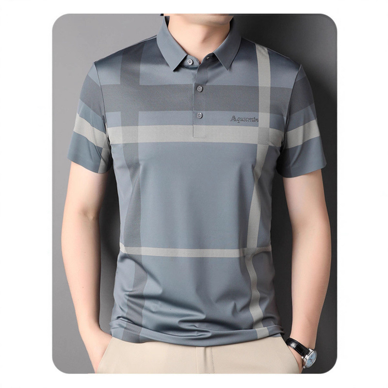 2024 Summer New Casual Loose Lapel Top Men's Short-Sleeved Plaid Polo Shirt 062