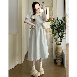 Maternity Dress Gentle Style Fashionable Loose Blue Doll Collar Thin Short-Sleeved Mid-Length Summer 2025 New Style