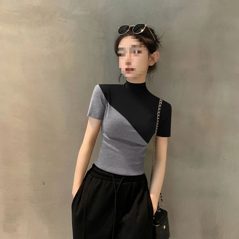 新しいコントラストカラー半袖スリムTシャツ2025ハーフタートルネック春夏ボトムスファッション痩身カラーブロック万能トップ|undefined