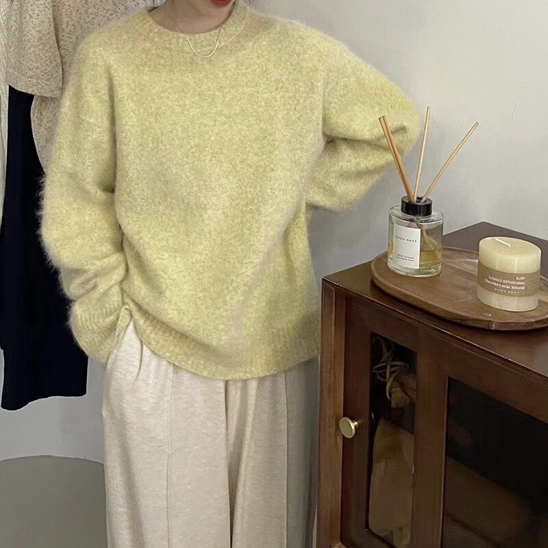 温柔浣熊绒圆领毛衣女宽松外穿秋冬慵懒风套头蓝色软糯打底针织衫|undefined