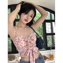 夏季设计感碎花绑带挂脖吊带背心女纯欲甜辣性感短款裹胸美背上衣