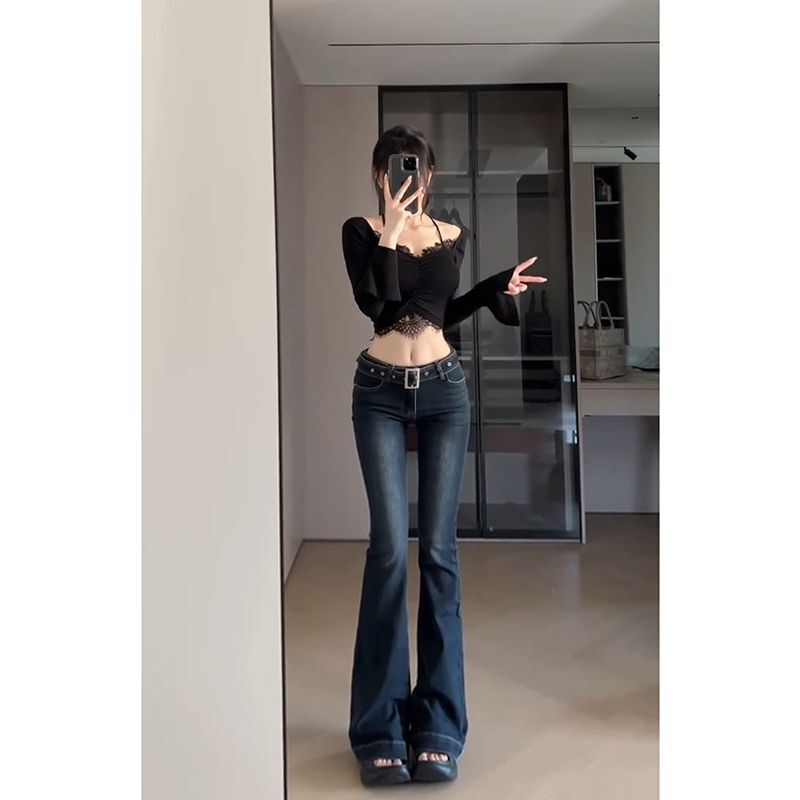 Blue Grey Low Waist Slim Fit Micro-flared Jeans Women's Spring and Autumn New Tall Slim Look Long Micro-flare-mop Pants