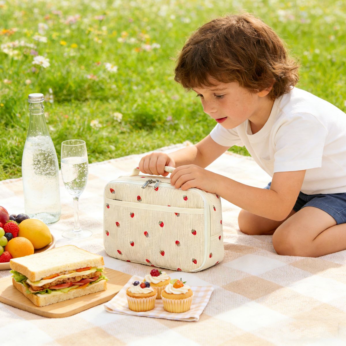 Corduroy Horizontal Satchel American-Style Satchel Kidsren's Lunch Bag Large Capacity Amazon Plaid Thickeneded Thermal Insulation Bag