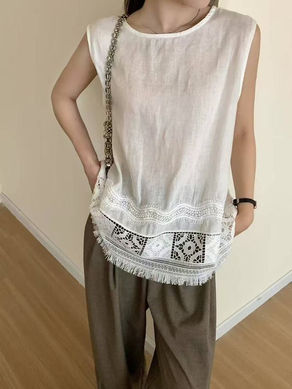 中空刺繍ステッチノースリーブベスト 2025 文学レトロラウンドネックバックデザイン多用途ルーズトップ女性用|undefined