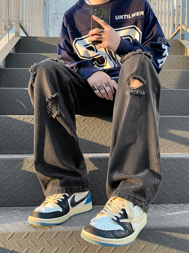 Euro-American vibe pants: High-street smoke-gray distressed denim jeans—men's autumnal American-style streetwear, featuring straight-leg, edgy, long-length designs.