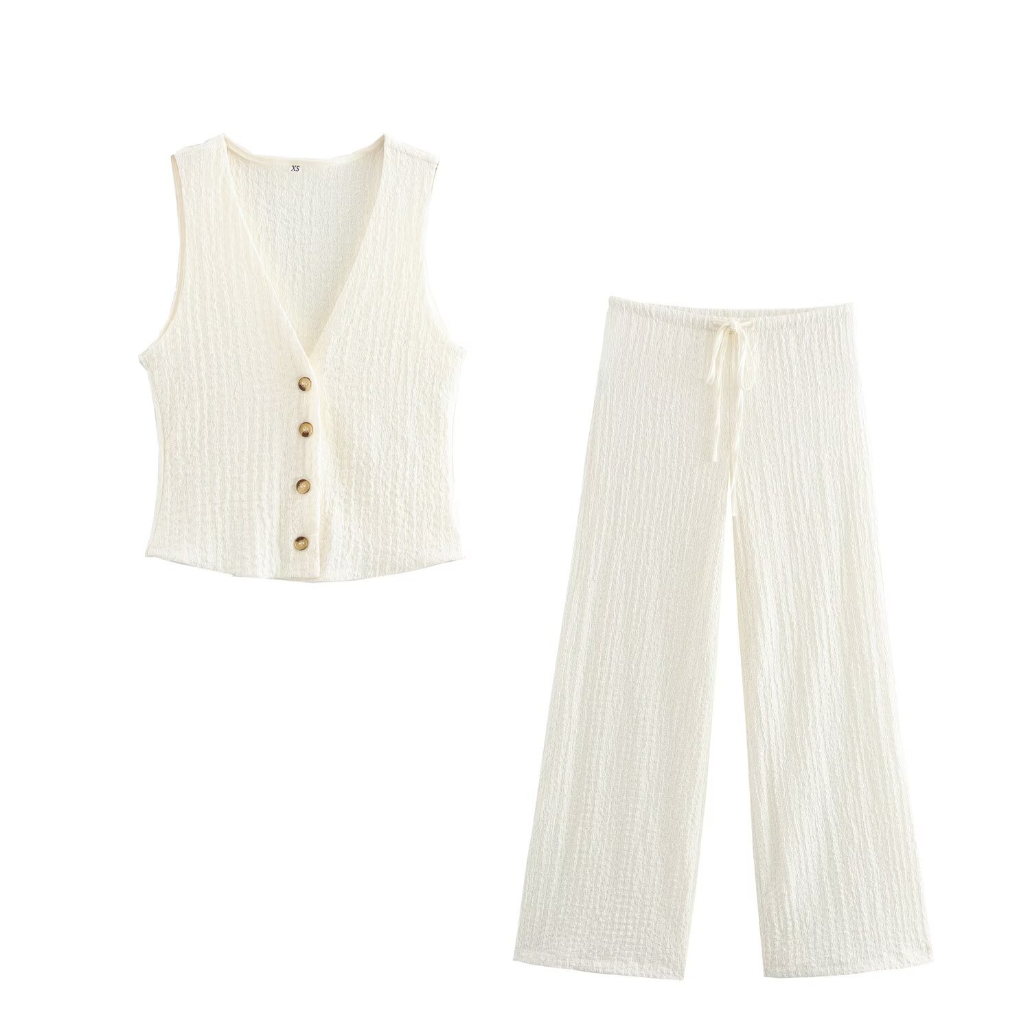 Conjunto informal de dos piezas con chaqueta, chaleco y pantalones rectos de cintura alta con textura para mujer