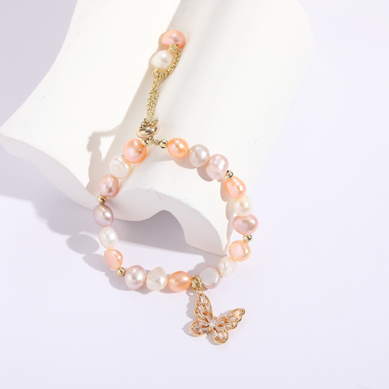 Baroque style Pearl Zircon Butterfly copper 14k gold-plated Adjustable Bracelet