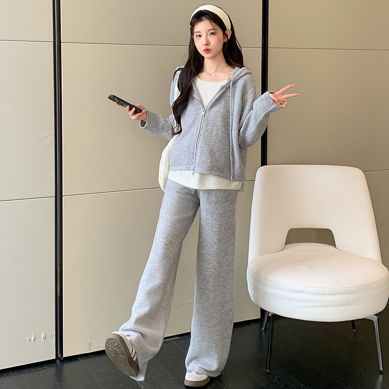 孕妇秋季套装2025新款慵懒风秋冬连帽假两件上衣阔腿裤休闲两件套|undefined