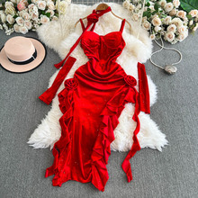 外贸复古红色丝绒吊带连衣裙女不规则开叉性感包臀重工礼服裙0453
